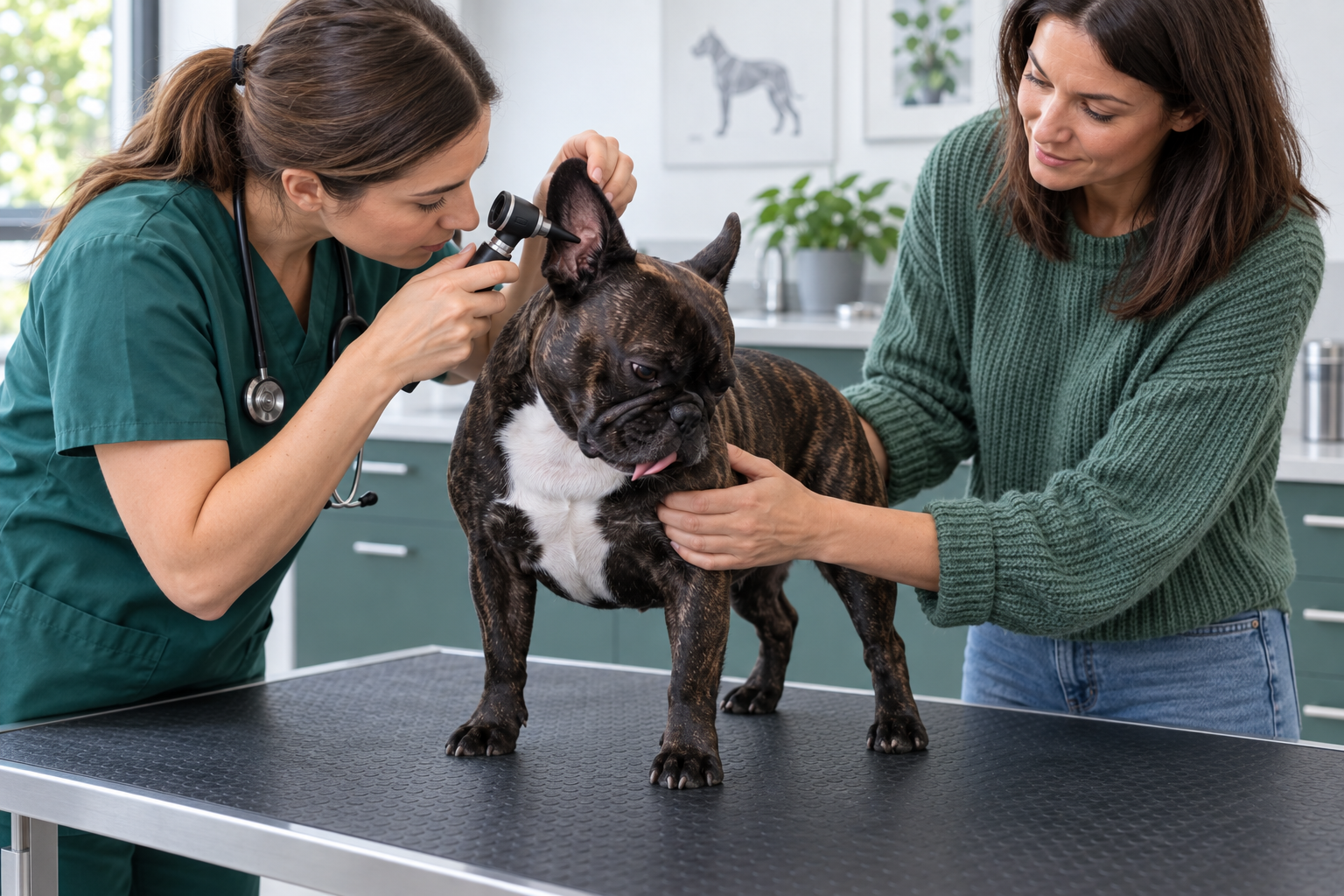 Veterinářka během vyšetření kontroluje ucho francouzského buldočka otoskopem